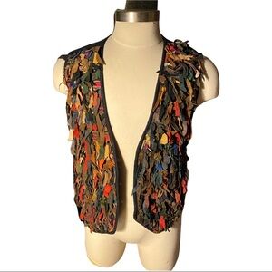 Vtg Suede Leather Colorful Strips Rag Rug Style Boho Women's Sleeveless Vest L